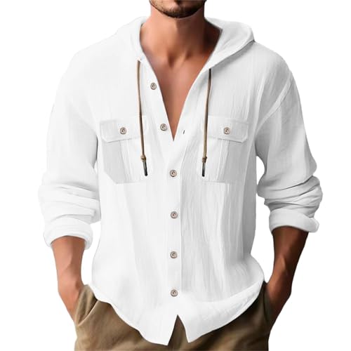 Leinenhemd Herren Baumwolle Leinen Hoodie Einfarbig Hoody Oberteile mit Doppelte Brusttaschen Langarm Hemd mit Kapuze Langarmshirt Sommer Shirt Leichte Sommerhemd Bequem Freizeithemden von liaddkv