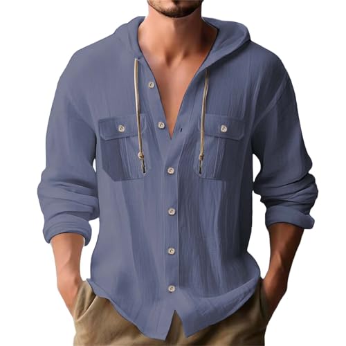 Leinenhemd Herren Baumwolle Leinen Hoodie Einfarbig Hoody Oberteile mit Doppelte Brusttaschen Langarm Hemd mit Kapuze Langarmshirt Sommer Shirt Leichte Sommerhemd Bequem Freizeithemden von liaddkv
