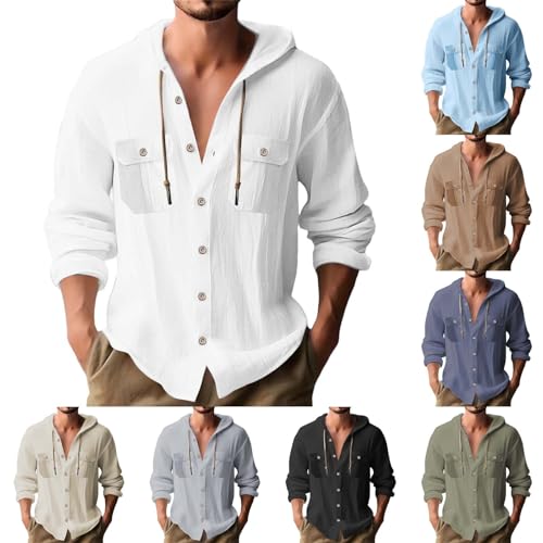 Leinenhemd Herren Baumwolle Leinen Hoodie Einfarbig Hoody Oberteile mit Doppelte Brusttaschen Langarm Hemd mit Kapuze Langarmshirt Sommer Shirt Leichte Sommerhemd Bequem Freizeithemden von liaddkv