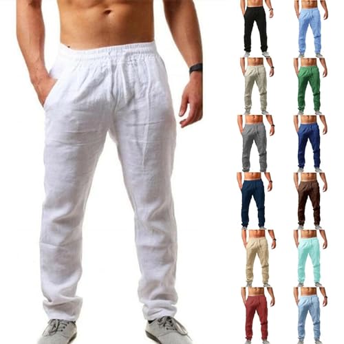 Leinenhose Herren Lang Elastischer Kordelzug Taille Sommerhose Leicht Atmungsaktive Weisse Hose Freizeithose Loose Fit Strandhose Loungewear mit Taschen für Urlaub Strand Alltag von liaddkv