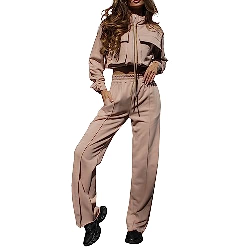 Trainingsanzug Damen Retro - Jogginganzug Zweiteiler Trainingsanzug Mit Gummizug Sportanzug Mit Großere Taschen Hausanzug Sportlich Set Freizeitanzug Langarm Kurz Jacke + Weites Bein Locker Cargohose von liaddkv