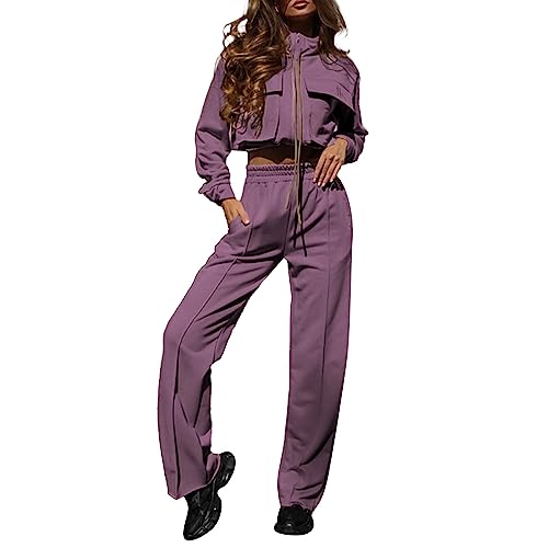 Trainingsanzug Damen Retro - Jogginganzug Zweiteiler Trainingsanzug Mit Gummizug Sportanzug Mit Großere Taschen Hausanzug Sportlich Set Freizeitanzug Langarm Kurz Jacke + Weites Bein Locker Cargohose von liaddkv