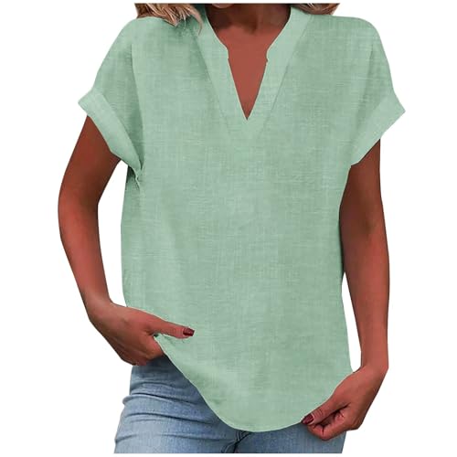 Tshirt Damen V Ausschnitt Leinenbluse Sommer Kurzarm Tops Baumwolle Leinen Damen Bluse Leinenshirt Elegante Musselin Bluse Lockere Bequeme Leinenhemd Bluse Oberteile T-Shirt von liaddkv