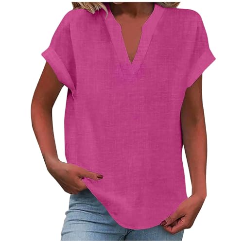 Tshirt Damen V Ausschnitt Leinenbluse Sommer Kurzarm Tops Baumwolle Leinen Damen Bluse Leinenshirt Elegante Musselin Bluse Lockere Bequeme Leinenhemd Bluse Oberteile T-Shirt von liaddkv