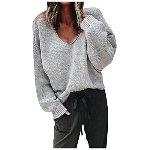 Wollpullover Damen Winter - Strickpullover Damen V Ausschnitt Sweater Loose Elegant Winterpullover Große Größe Warm Strickpullis Langarm Kurz Grobstrickpullover Oversize Grobmaschig Tunika Shirt Hemd von liaddkv