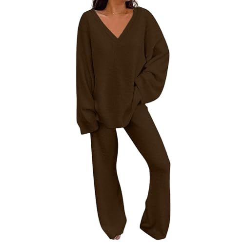 Zweiteiliges Damen-Outfit für den Herbst 2023, Langarm-Pullover mit V-Ausschnitt, Oberteile und lange Hosen, Trainingsanzug, warme Pyjamas, Trainingsanzüge Business 2 Teiler Damen (Brown, XXXL) von liaddkv