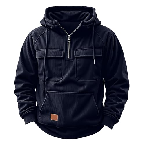 liaddkv Corduroy Pullover Herren 1/4 Zip Hoodie Oversize Cargo Arbeitspullover mit Multi-Taschen Langarm Sweatshirt Vintage Kapuzenpullover Herbst Winter Fleecepullover Hoody Herren mit Kapuze von liaddkv