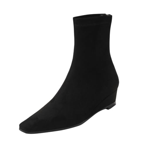 liaddkv Damen Ankle Boots Mit Absatz Elegant, Stiefeletten Mit Elastischer Ferse Wildleder Schlupf-Boots Keilabsatz Kurzschaft-Stiefel Winter Schlupfstiefeletten High Heels Damenstiefel von liaddkv