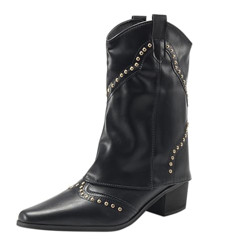 liaddkv Damen Leder Stiefeletten Mit Absatz, Cowboystiefel Umklappbar Westernstiefel Gothic Lederstiefel Spitzzehe Schlupfstiefel Halbschaft Reitstiefel Rutschfest Winterstiefel Mit Nieten von liaddkv