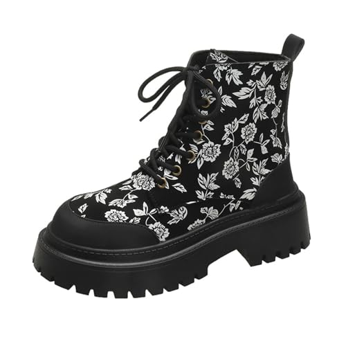 liaddkv Damen Plateau Stiefeletten Gothic, Springerstiefel Mit Blockabsatz Profilsohle Rockig Biker-Boots Kurzschaft Schnürstiefel Blumenmuster Ankle-Boots Vintage Knöchelschuhe Freizeitschuhe von liaddkv