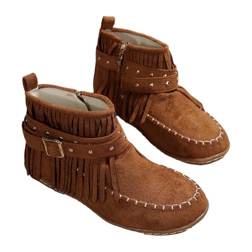 liaddkv Damen Winter Stiefeletten Elegant, Ankle Boots Mit Fransen Flacher Absatz Westernstiefel Kurzschaft Winterstiefel Teenager-Mädchen Knöchelschuhe Rutschsicher Schneestiefel Schlupfstiefel von liaddkv