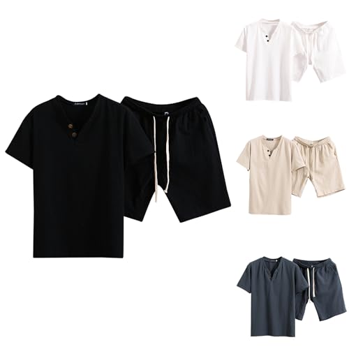 liaddkv Leinenanzug Herren Kurz Sommer Outfit Leicht Baumwolle Leinen Zweiteiler Freizeitanzug 2-teilig Kurzarm Hemd und Shorts Kurze Hose Set Casual Anzug Bequem Atmungsaktiv Jogging Anzug von liaddkv