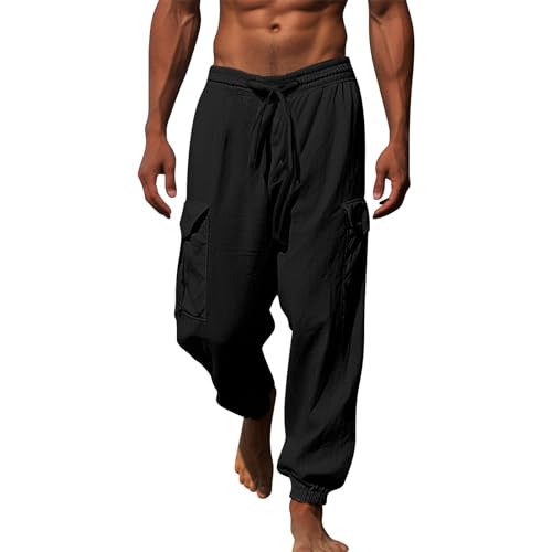 liaddkv Leinenhose Herren Lang Weiß Strandhose Herren Lang Chino Hose Herren Mit Bündchen Haremhose Weitem Trainingshose Mit Gummizug Sweathose Outdoorhose Einfarbig Sommerhose von liaddkv