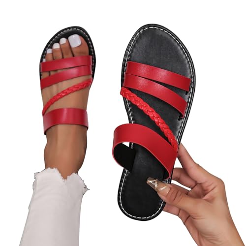liaddkv Modische und bequeme flache Hausschuhe und Sandalen für Damen, einfarbig, große Größe, One-Line Damen Plateau Schuhe Elegant (Red, 40) von liaddkv