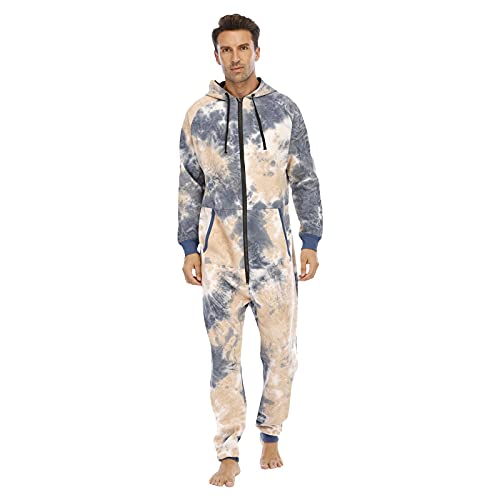 liaddkv Overall Herren Kuschelig Schlafen - Schlafoverall Mit Kapuzen Camouflage-Durck Nachtwäsche Fleece Kuschelig Overall Farbllock Pyjama Zweifarbiges Warm Bodysuits Mit Tasche von liaddkv