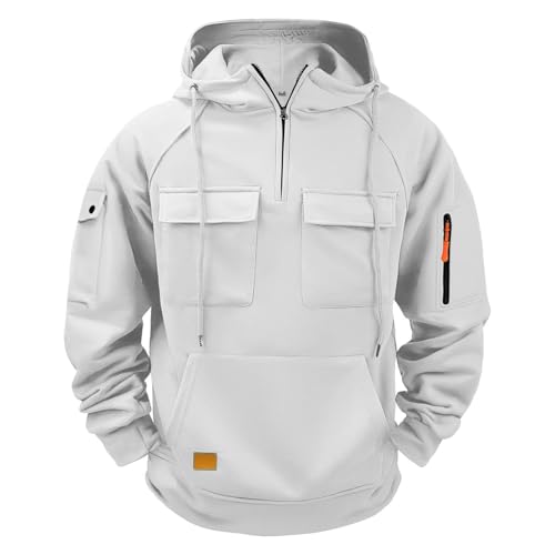 liaddkv Pullover Herren 1/4 Zip Hoodie Oversize Cargo Arbeitspullover mit Multi-Taschen Langarm Sweatshirt Vintage Kapuzenpullover Herbst Winter Fleecepullover Hoody Herren mit Kapuze von liaddkv
