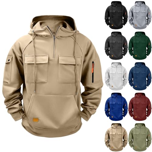 liaddkv Pullover Herren 1/4 Zip Hoodie Oversize Cargo Arbeitspullover mit Multi-Taschen Langarm Sweatshirt Vintage Kapuzenpullover Herbst Winter Fleecepullover Hoody Herren mit Kapuze von liaddkv