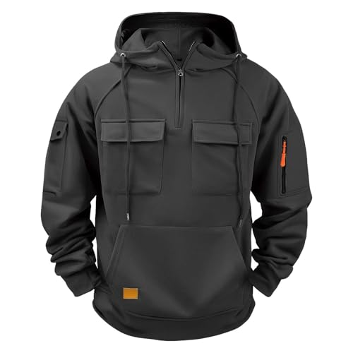 liaddkv Pullover Herren 1/4 Zip Hoodie Oversize Cargo Arbeitspullover mit Multi-Taschen Langarm Sweatshirt Vintage Kapuzenpullover Herbst Winter Fleecepullover Hoody Herren mit Kapuze von liaddkv
