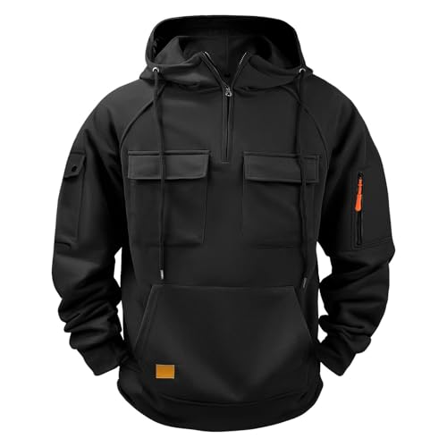 liaddkv Pullover Herren 1/4 Zip Hoodie Oversize Cargo Arbeitspullover mit Multi-Taschen Langarm Sweatshirt Vintage Kapuzenpullover Herbst Winter Fleecepullover Hoody Herren mit Kapuze von liaddkv