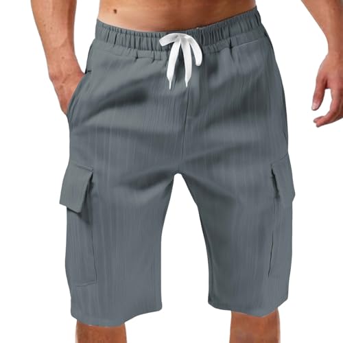 liaddkv Shorts Herren Sommer Baumwolle Leinen Kurze Hose mit Große Taschen Beach Shorts Einfarbig Gestreift Sport Kurz Leinenhose Stretch Leicht Sommershorts Lockere Passform Kurze Freizeithose von liaddkv