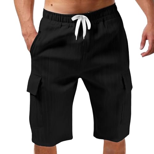 liaddkv Shorts Herren Sommer Baumwolle Leinen Kurze Hose mit Große Taschen Beach Shorts Einfarbig Gestreift Sport Kurz Leinenhose Stretch Leicht Sommershorts Lockere Passform Kurze Freizeithose von liaddkv