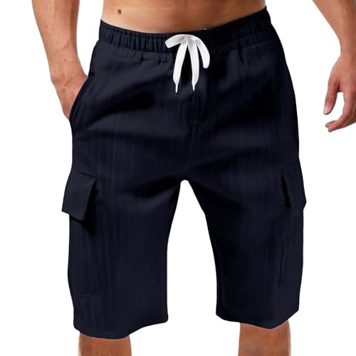 liaddkv Shorts Herren Sommer Baumwolle Leinen Kurze Hose mit Große Taschen Beach Shorts Einfarbig Gestreift Sport Kurz Leinenhose Stretch Leicht Sommershorts Lockere Passform Kurze Freizeithose von liaddkv