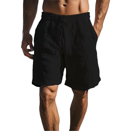 liaddkv Shorts Herren Sommer Baumwolle Leinen Kurze Hose mit Taschen Beach Shorts Sport Kurz Leinenhose Elastische Taille Stretch Leicht Sommershorts Einfarbige Lockere Passform Kurze Freizeithose von liaddkv
