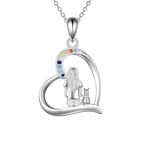 Kette Katze Silber, Damen Katzen Kette Mit Katze Herz Anhänger, Premium Mädchen Silberkette katze halskette Mit Geschenkverpackung, Muttertag Geburtstage Geschenke für Damen Mädchen (silver-A) von liameya