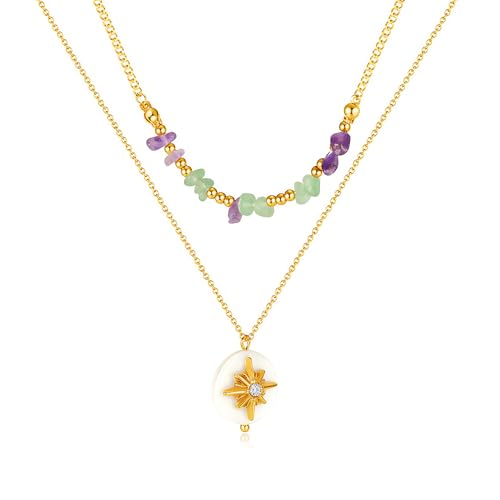 Layering Kette Gold, Damen Premium Goldkette mit Rosen Anhänger, Mädchen Layer Kette Boho Halskette Verstellbare, Modeschmuck Geschenk für Geburtstags Valentinstag Weihnachten,Wasserfest (Achtstern) von liameya