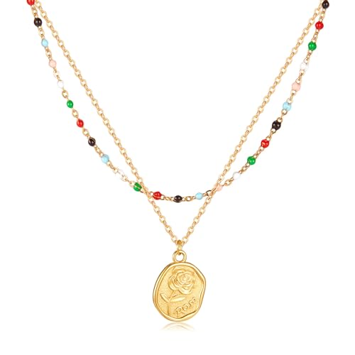 Layering Kette Gold, Damen Premium Goldkette mit Rosen Anhänger, Mädchen Layer Kette Boho Halskette Verstellbare, Modeschmuck Geschenk für Geburtstags Valentinstag Weihnachten,Wasserfest(Rose) von liameya