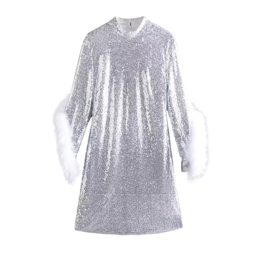 Silbernes Freizeitkleid für Damen mit Federdekoration und Pailletten, langärmeliges, glänzendes Kleid, ausgehöhltes Rückenkleid Schwarzes Kleid Halloween Damen Sommerkleid Teenager Mädchen (Silver, L) von liangp