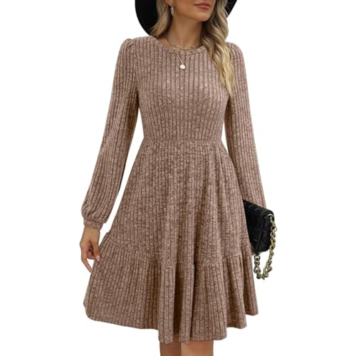 liangp Damen-Kleid mit Rundhalsausschnitt, einfarbig, Patchwork, Lange Ärmel, lockeres Kleid Weißes Enges Kleid (Khaki, M) von liangp