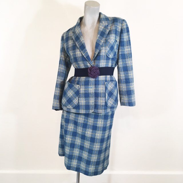 Vintage 70Er Jahre Blau Gelb Und Weiß Karierten Wolle Anzug Medium von lianserene