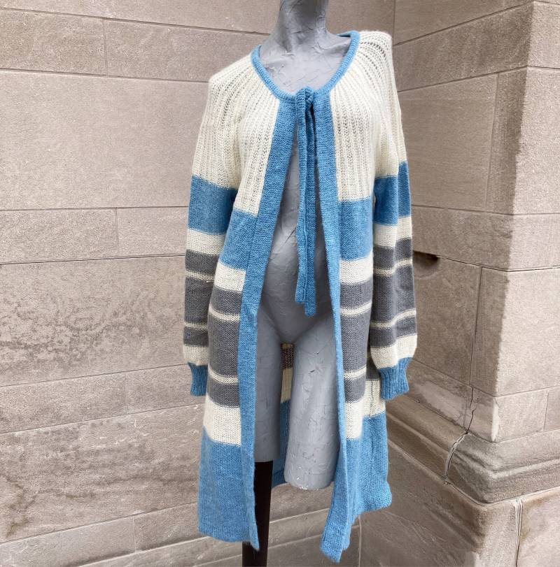 Vintage Blau Elfenbein Weiß Grau Lang Gestreift Pullover Jacke Kleines Medium von lianserene