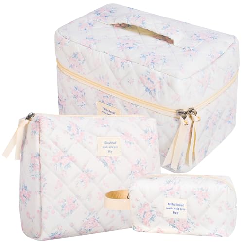 libfrnt Make-up-Taschen-Set mit Blumenmuster, gesteppt, aus Baumwolle, 3 Größen, Kosmetiktasche mit Kordelzug für Damen und Mädchen, 3 Größen, pink floral, Blumenmuster von libfrnt