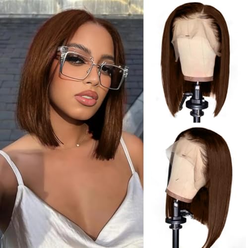 LICHANG Hai Kurze Bob-Perücke, Braun, menschliches Schokoladenbraun, 200 Dichte, 13 x 4 Hd, transparent, gerade Spitze, Spitzenfront, Glueless Perücke für Damen, vorgefranst LICHANG Hai Kurze Bob-Perücke, Braun, menschliches Schokoladenbraun, 200 Dichte, 13 x 4 Hd, transparent, gerade Spitze, Spitzenfront, Glueless Perücke für Damen, vorgefranst von lichang