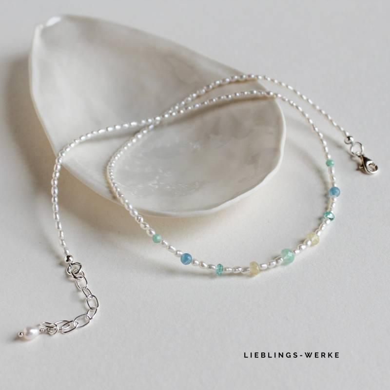 Zierliche Perlenkette Mit Aquamarin, Smaragd, Apatit, Rutilquarz Und Mini Süßwasserperlen/ Edelsteinkette/Geschenke Für Sie von lieblingswerkeshop