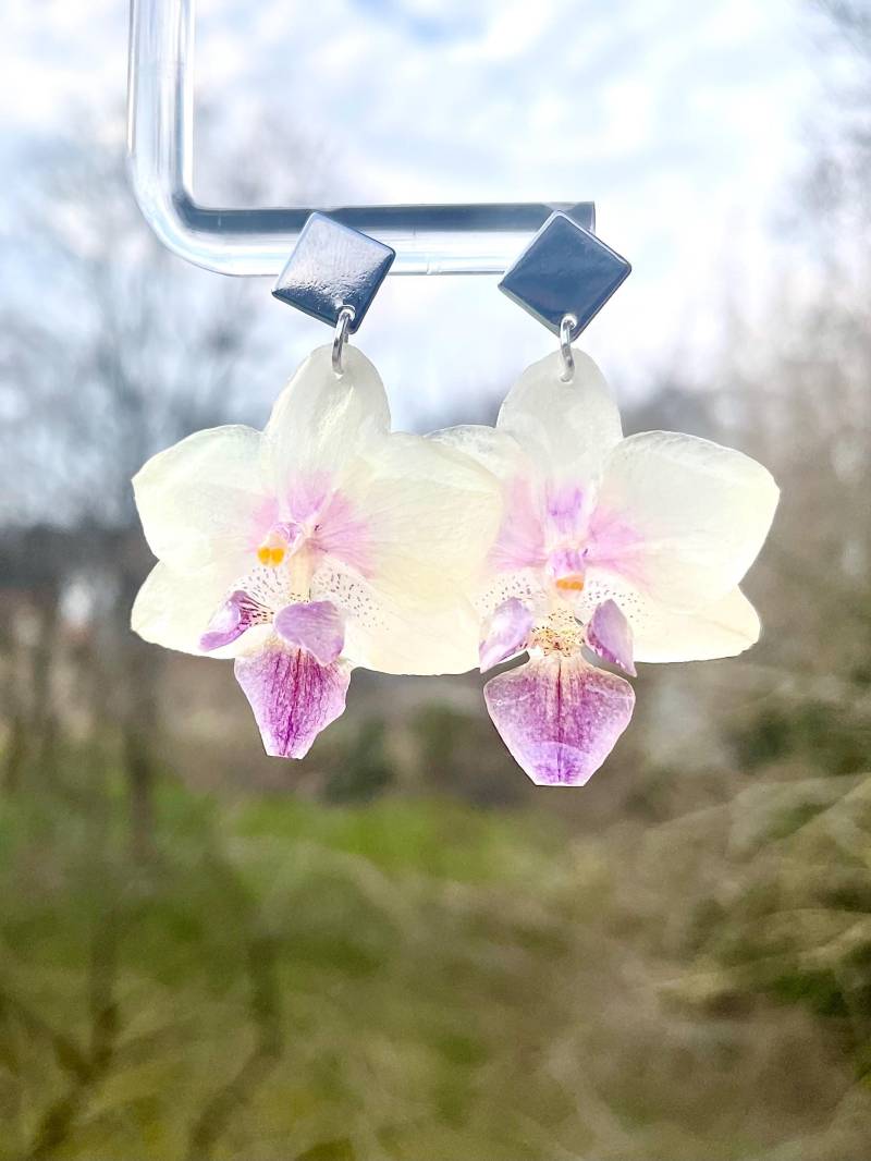 Echte Orchideen Ohrringe - Orchideen-Blüten in Epoxidharz Blumenschmuck Blütenschmuck Hochzeit Boho Orchideenschmuck von liebsterschmuck