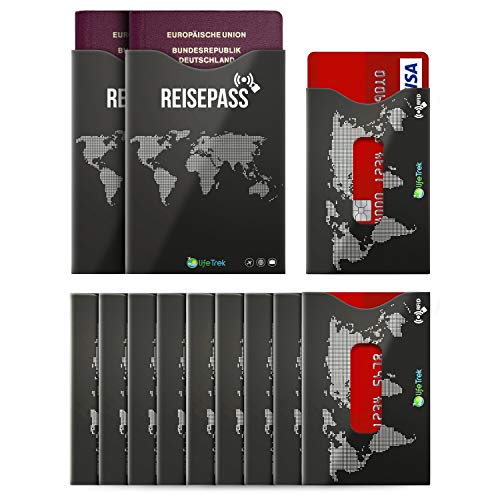 lifeTrek RFID Blocker Schutzhüllen TÜV geprüft mit Sichtfenster für Karten und Reisepass (10+2 Set) Beste Sicherheit für Kreditkarten, Bank Hotel und EC-Karten Personalausweis vor Betrug von lifeTrek