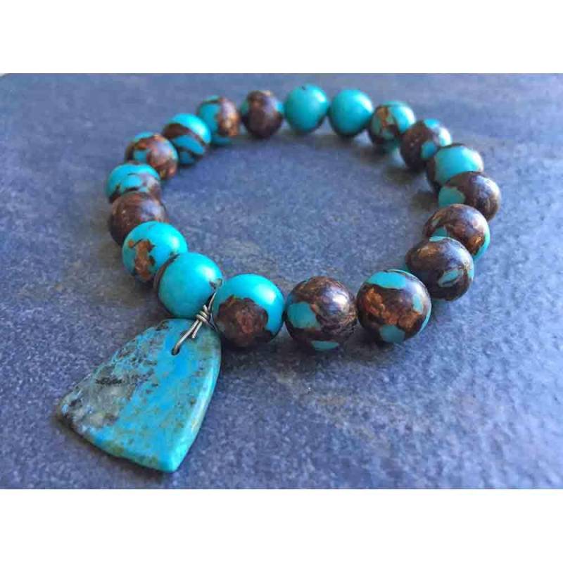 Einzigen Strang Türkis Bronze Jasper Dehnbar Armband, Türkis-Anhänger von lifeboho