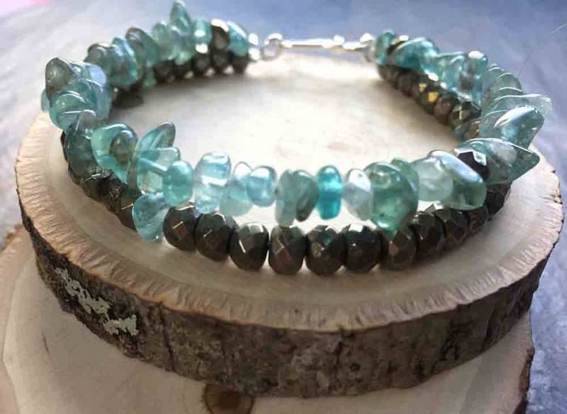 Lifeboho - Apatit-Pyrit-Doppelstrang-Armband, Apatit Nugget Facettierten Pyrit Armband, Sterling Silber, Kostenloser Versand von lifeboho