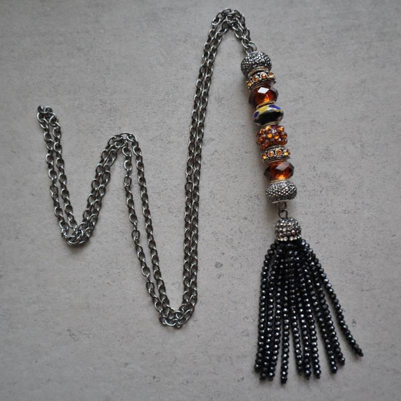 Lifeboho Micro Pave Cz Perlen Quasten Halskette, Handgefertigte Glitzer Kette, Schwarz, Orange Kostenloser Versand von lifeboho