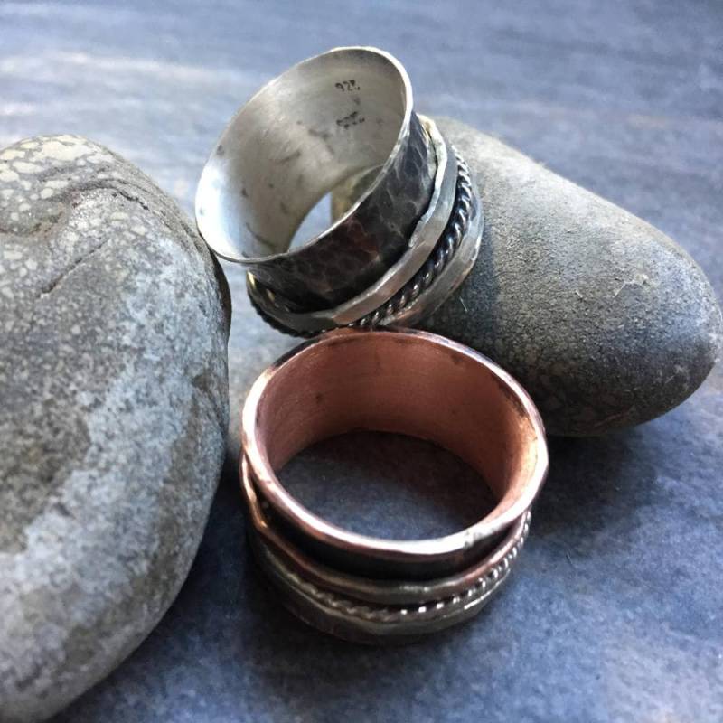 Unisex Spinner Ringe, Oxidierte Sterling Silber Kupfer Meditation Fidget Chunky Ringe Kostenloser Versand von lifeboho