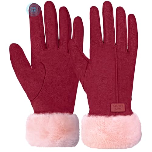 lifwimner Winterhandschuhe Damen Warm Touchscreen Winddicht mit Fleece Gefütterte Winter Handschuhe für Kaltes Wetter (Rot) von lifwimner