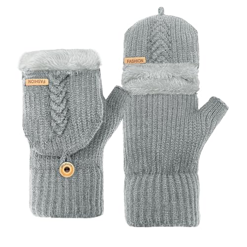 lifwimner Fingerlose Handschuhe Herren, Winter Touchscreen Handschuhe Thermo, Fleece Halbfinger Strickhandschuhe für Freizeit Sport Radfahren Eingabe (Hellgrau) von lifwimner