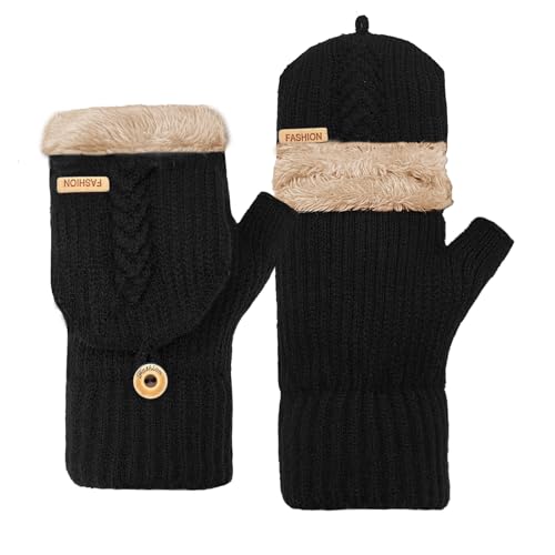 lifwimner Fingerlose Handschuhe Herren, Winter Touchscreen Handschuhe Thermo, Fleece Halbfinger Strickhandschuhe für Freizeit Sport Radfahren Eingabe (Schwarz) von lifwimner