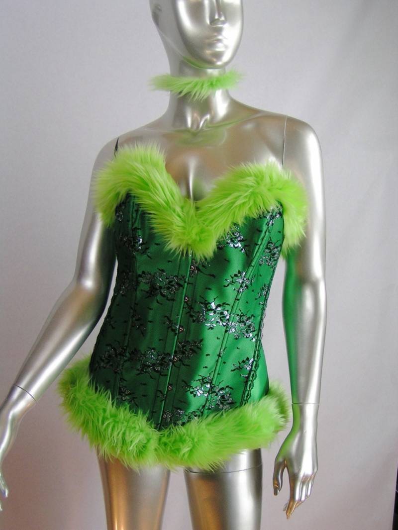 Kunstpelz Korsett Grün Bustier Top Mit Passenden Fell Halsband - Neon -Brc Burlesque Korsett-Med/Large von lightupcoats