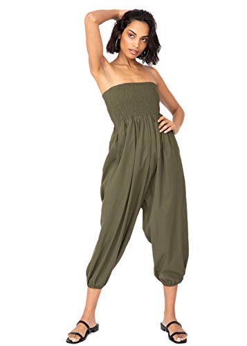 likemary Jumpsuit Damen Sommer – flexibler, bequemer Einteiler aus Baumwolle – knielang, wird durch Herunterziehen auf Taillenhöhe zur Haremshose – mit Taschen Khaki Grün Lang von likemary