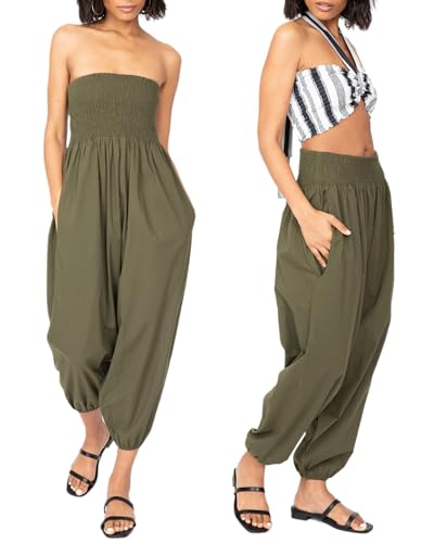 likemary Jumpsuit Damen Sommer – 2-in-1 Haremshose & Capri Overall – Baumwolle Einheitsgröße – Boho Pumphose mit Taschen – Aladinhose für Damen - Khaki von likemary