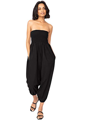 likemary Jumpsuit Damen Sommer – flexibler, bequemer Einteiler aus Baumwolle – knielang, wird durch Herunterziehen auf Taillenhöhe zur Haremshose – mit Taschen Schwarz von likemary